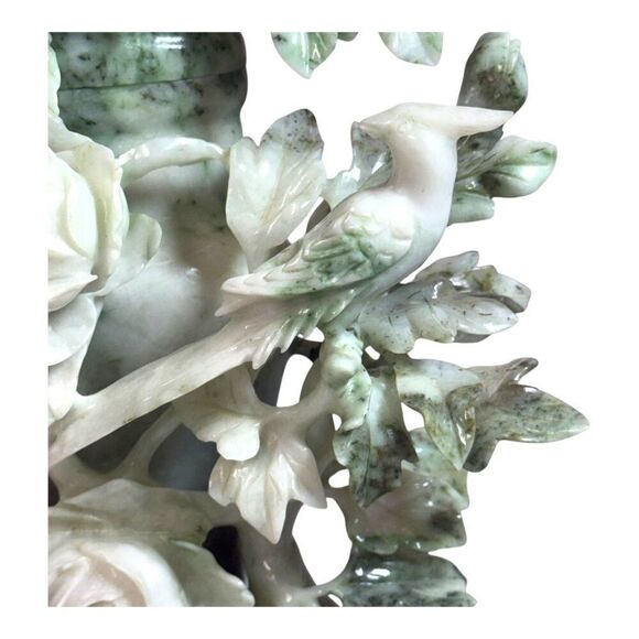 Antique Chinoiserie Carved Jade Bird & Peonies Flower Statue Vintage Wooden Base - Picture 2 of 10